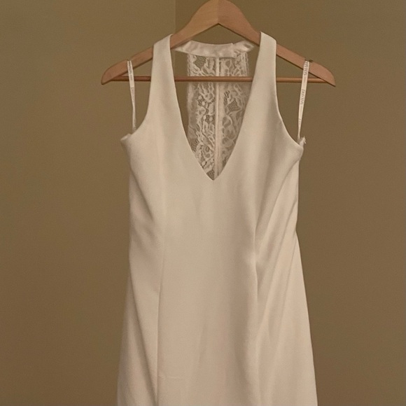 DAVID'S BRIDAL Sheer Back Crepe Wedding Dress with Lace Train - Picture 9 of 14